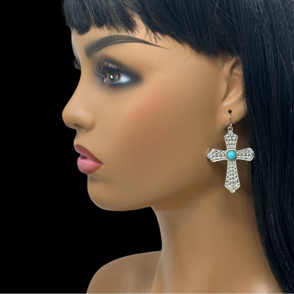 Cross Turquoise Stone Rhinestone Silver Tone Dangle Earrings - Picture 2 of 3